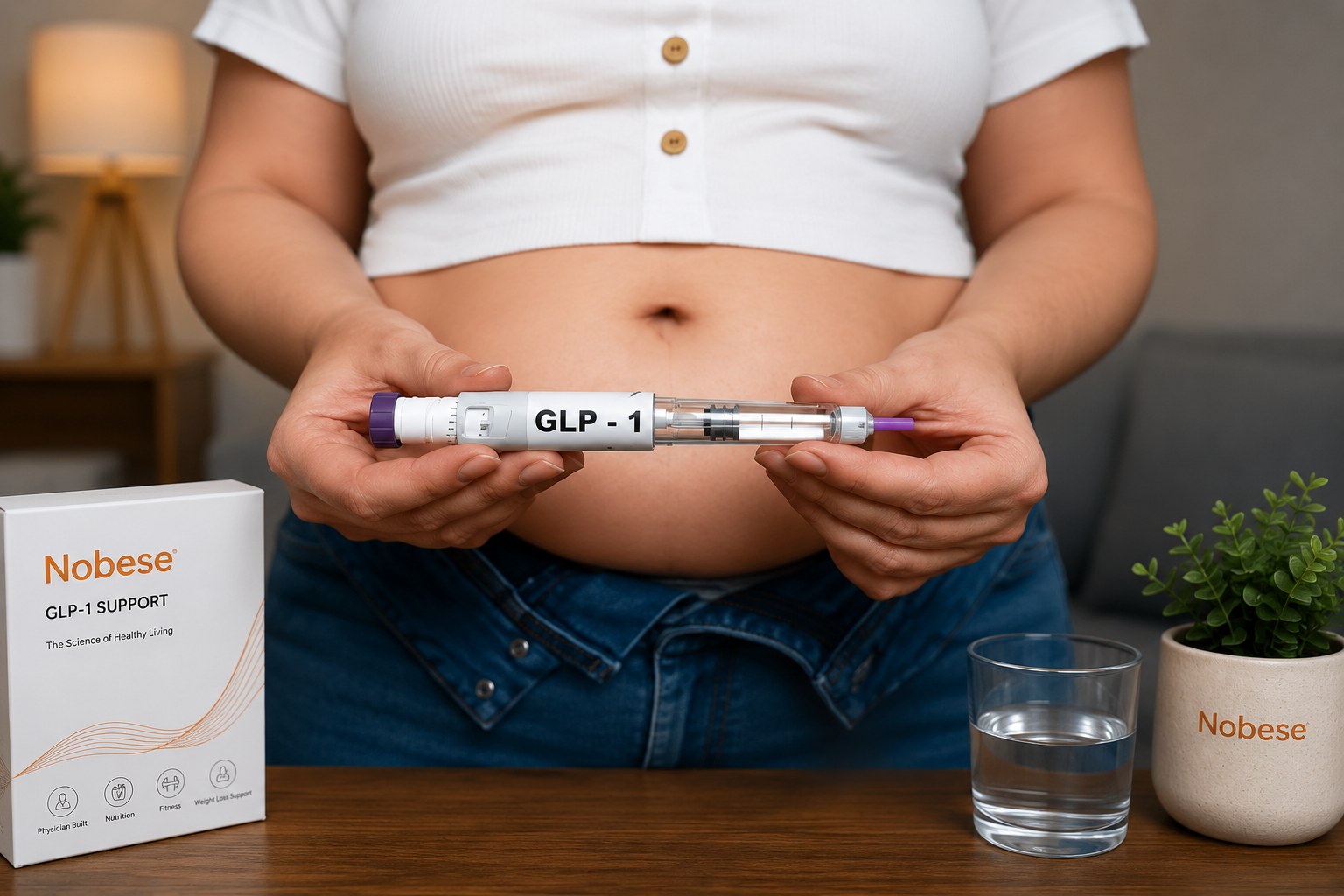 Patient holding a GLP-1 injection pen beside a Nobese GLP-1 Support pack