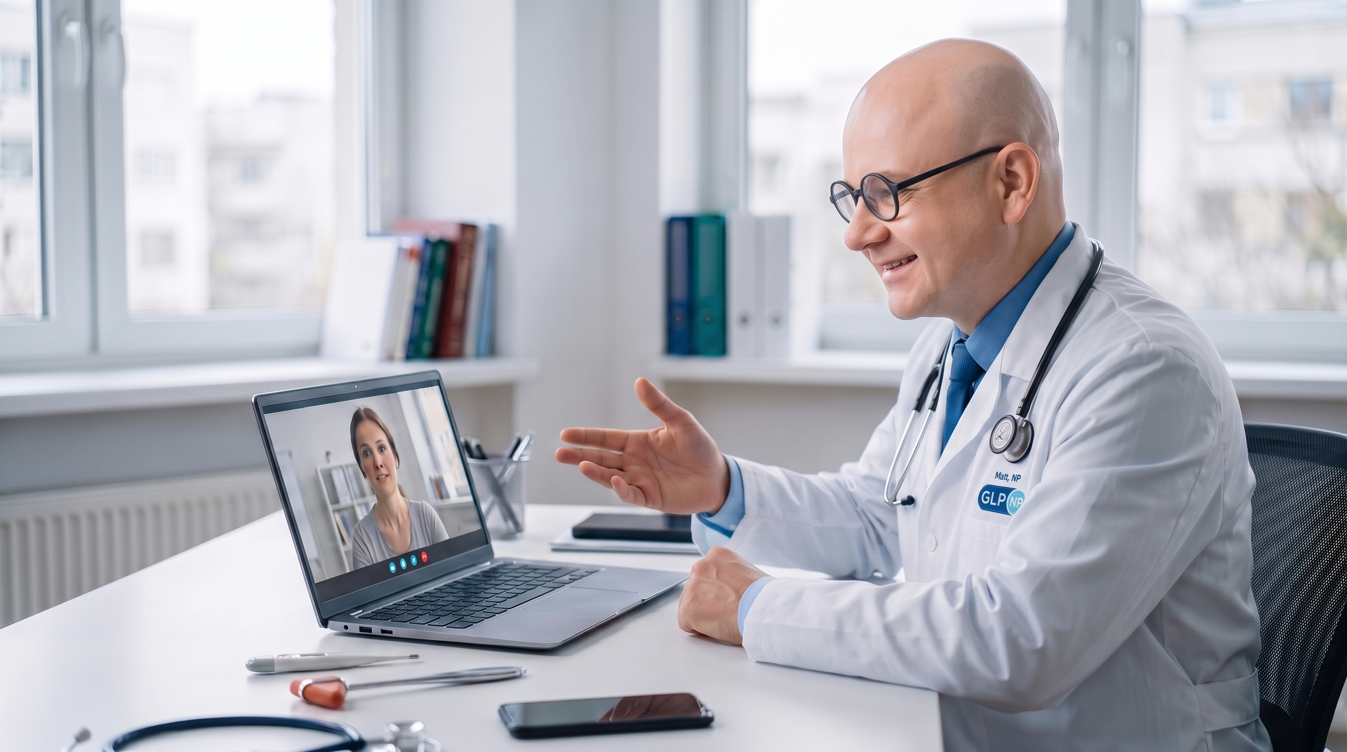 Matt Landry, NP consulting with a patient